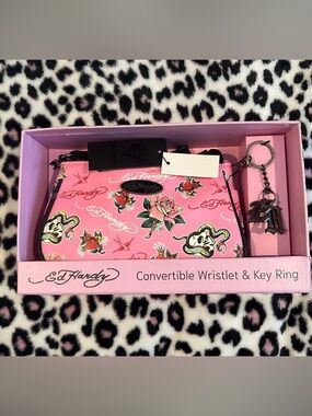 Ed Hardy Convertible Wristlet & Keychain Set New
